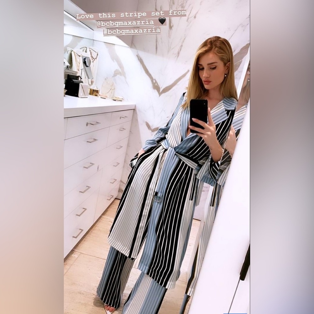(LIKE NEW) BCBGMaxAzria | Striped Trench Coat Belted Crepe Black Blue White